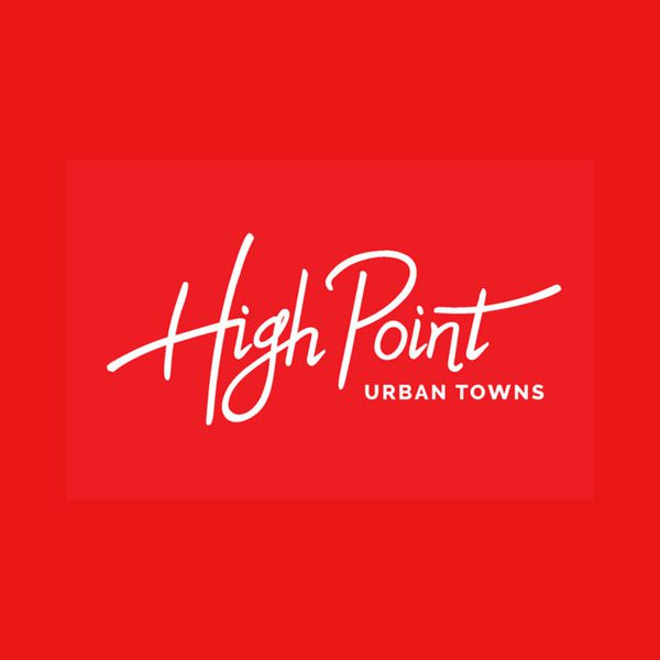 A red background with the words high point urban towns written in white.