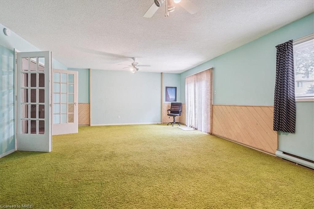 A room with green carpet and two windows.