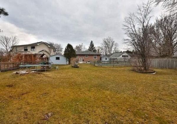 A large yard with some houses in the background