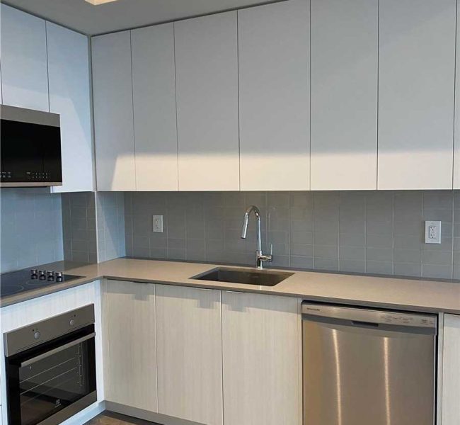 A kitchen with white cabinets and stainless steel appliances.