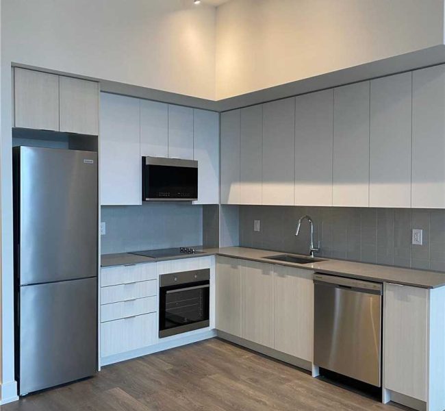 A kitchen with white cabinets and stainless steel appliances.