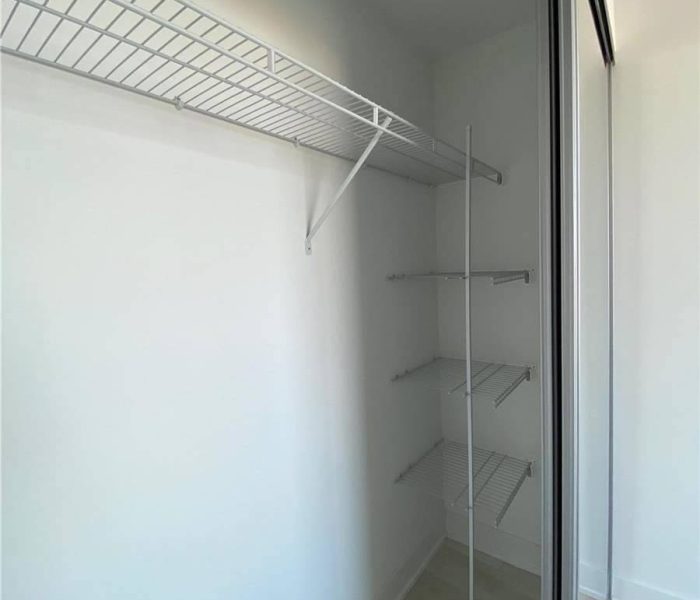 A closet with shelves and a mirror in it.