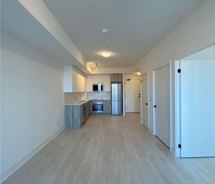 A view of the kitchen and living room from the hallway.